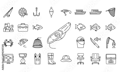 Fishing Equipment Gear Outline Icons
