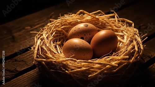 Three Fresh Brown Eggs Nestled in Straw on Rustic Wooden Surface.