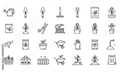 Gardening Tools Equipment Outline Icons