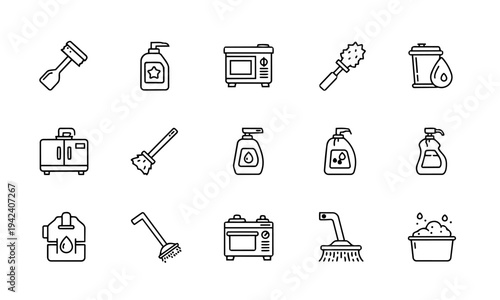 House Cleaning Supplies Outline Icons