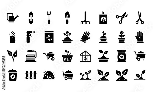 Gardening Tools Planting Silhouette Icons