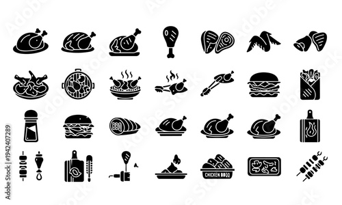Roasted Chicken BBQ Meat Silhouette Icons