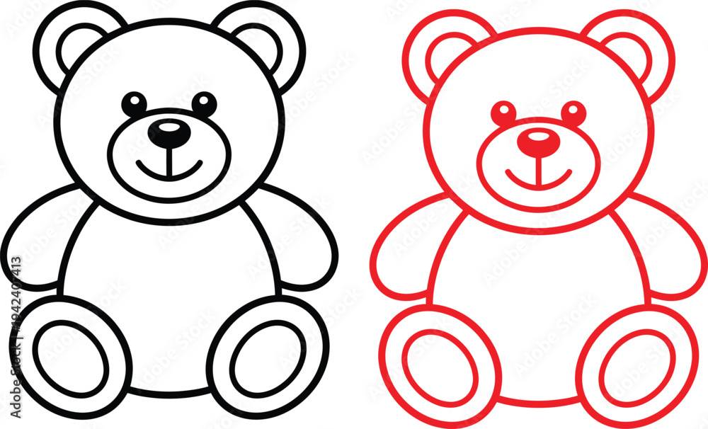 Obraz premium A simple illustration of two cartoon teddy bears, one outlined in black and the other in red.