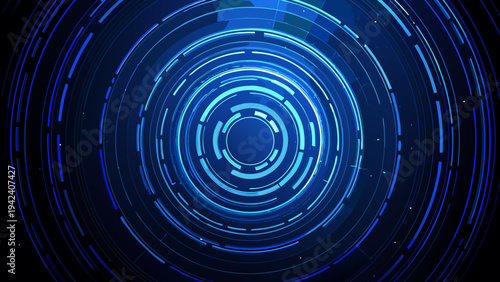 Abstract circular design with glowing blue rings and a dark background