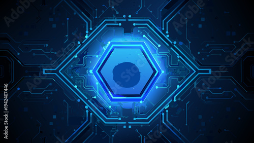 Abstract blue circuit board with a central hexagonal glowing element