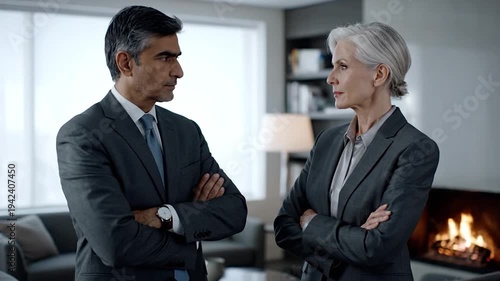 Two Business Professionals Engage in a Serious Discussion in a Modern Office Setting.