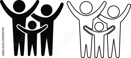 Simple illustration of two families celebrating together with raised arms and children.
