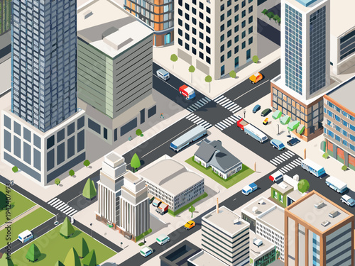 Isometric illustration of a busy city intersection with modern buildings