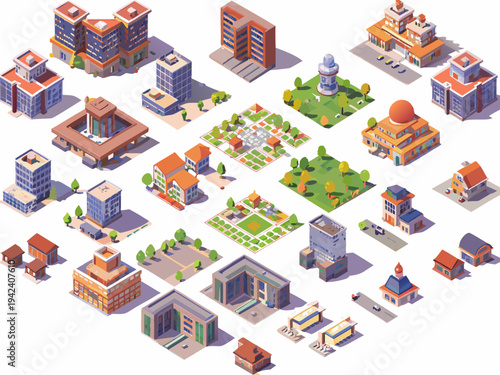 Isometric city illustration featuring diverse buildings parks and infrastructure
