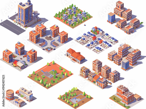 Isometric cityscape featuring various buildings parks and infrastructure
