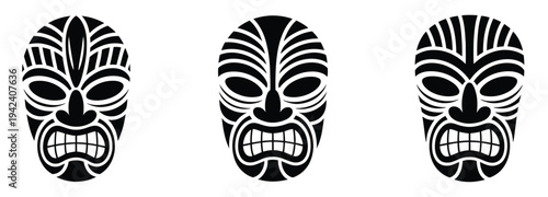 Set of Tiki Mask Vector Icon in Silhouette Design