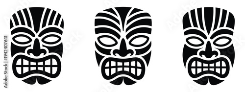 Set of Tiki Mask Vector Icon in Silhouette Design, black illustration collection featuring Polynesian-style tiki masks, isolated graphics ideal for summer concepts, tropical decorations, luau events, 