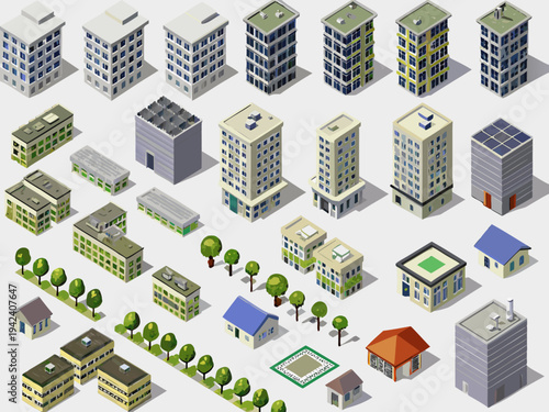 Isometric cityscape collection featuring various building designs and green spaces