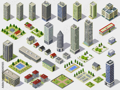 Isometric illustration of a diverse city landscape with buildings and parks