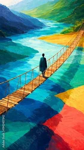Person Walking on Bridge Over Colorful Landscape
