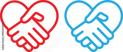 Handshake icons symbolizing partnership and agreement in red and blue.