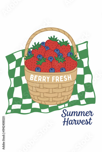 This delightful image showcases a wicker basket filled with bright red strawberries, set on a checkered cloth, symbolizing abundance and the joy of summertime harvesting.