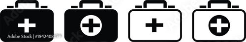A set of four first aid kit icons in different styles and shades.