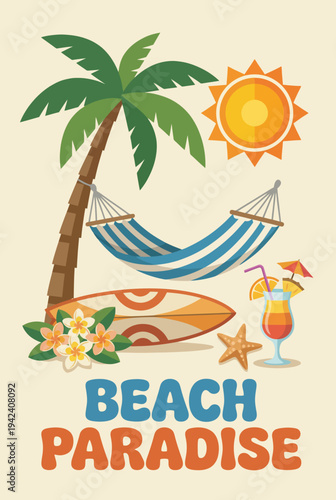 An idyllic beach paradise illustration featuring a hammock, palm trees, and tropical drink, capturing the essence of relaxation and bliss in a serene coastal setting.