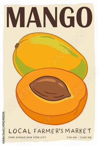 A colorful illustration of a fresh mango split in half, showcasing its juicy orange flesh, perfect for promoting local produce at farmers' markets or healthy eating.
