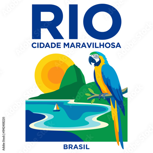 This colorful illustration captures the breathtaking beauty of Rio de Janeiro, featuring a macaw, iconic mountains, and warm sun, showcasing the city's vibrant spirit.