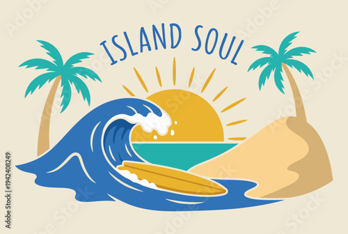 This vibrant illustration captures the essence of an island lifestyle featuring a sun setting over the ocean with a wave and surfboard under palm trees, ideal for summer themes.