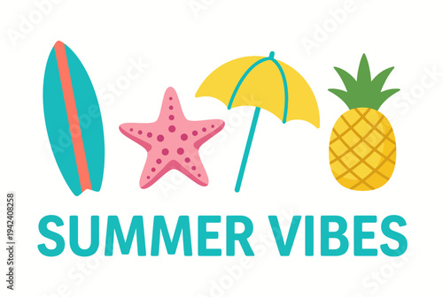 This lively illustration embodies summer vibes, featuring a surfboard, sun umbrella, starfish, and pineapple, invoking feelings of joy, relaxation, and leisure.