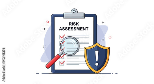 Risk assessment checklist on a clipboard with a magnifying glass and a security shield icon representing business safety and compliance.