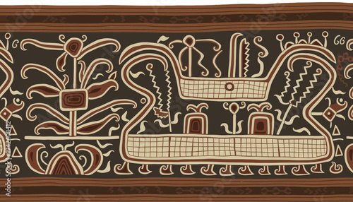 Zoomed View of Paired Stylized Boats in Intricate Brown-and-Tan Textile Pattern on Black Background