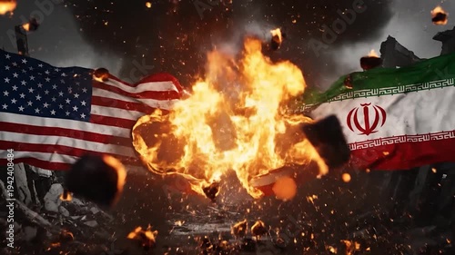 USA vs Iran Conflict Flags Exploding in a Fiery Confrontation.