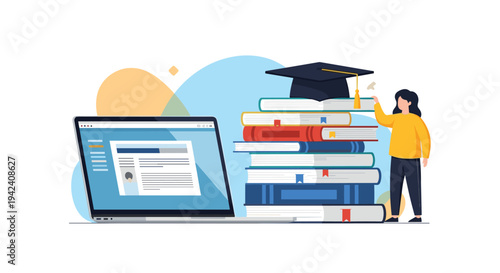 Online education concept featuring a laptop and a stack of colorful books with a graduation cap on top representing digital learning.