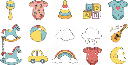 Baby and kids item icon set, colorful cartoon vector illustration, playful nursery design, toys, clothes, accessories for childhood, toddler, education use