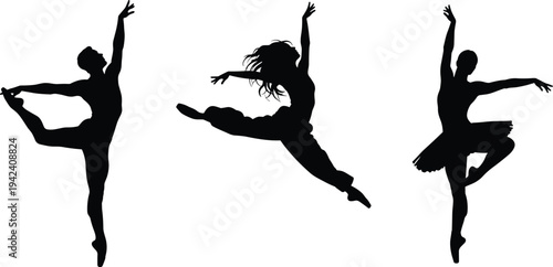 Ballet dancers performing on stage, graceful movement, elegant poses, artistic silhouette, dramatic lighting, dance strength, classical choreography, emotional expression, beauty, poise