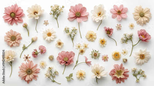 A beautiful flat lay arrangement of various pink and cream-colored flowers and blossoms scattered on a clean white background, showcasing delicate petals and natural beauty.