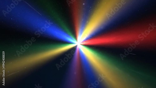 Vibrant Colorful Light Rays Bursting from Center on Dark Background.