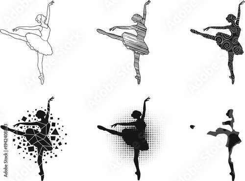 Ballet dancer silhouette vector illustration, ballerina performing elegant poses, classical dance artwork, graceful stage performance design, modern ballet art, lifestyle concept graphic