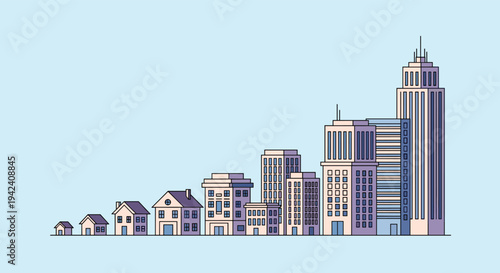 Urban development and growth sequence showing a row of buildings increasing in size from a small house to a modern city skyscraper.