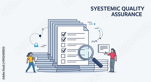 Systemic quality assurance concept showing two people examining a large stack of documents with a checklist and a magnifying glass.