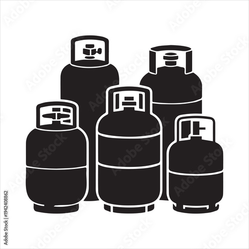 Propane Gas Cylinder Silhouette Vector Icon Se. Industrial LPG Tank and Gas Bottle Collection Silhouette.