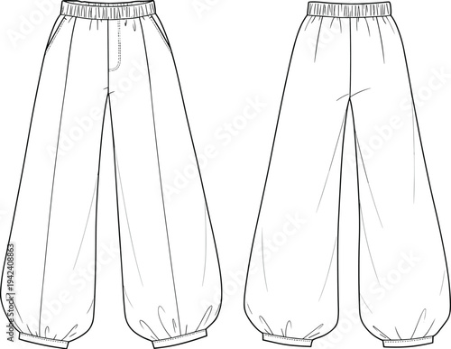 Balloon pants front back view, gathered waist, elastic cuff, fashion flat sketch, technical garment CAD drawing, vector illustration template