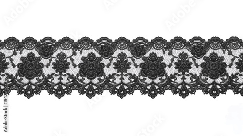 Elegant black floral lace trim with intricate scalloped edges on a white background.