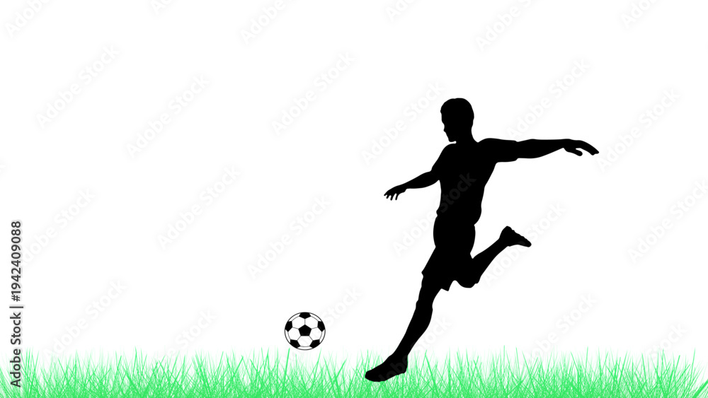 Obraz premium Silhouette of a male soccer player kicking a ball on a green grass field isolated on white background.