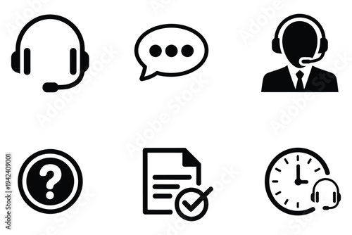 Customer service vector icon set featuring headset, tickets and assistance symbols, black flat icons representing client support