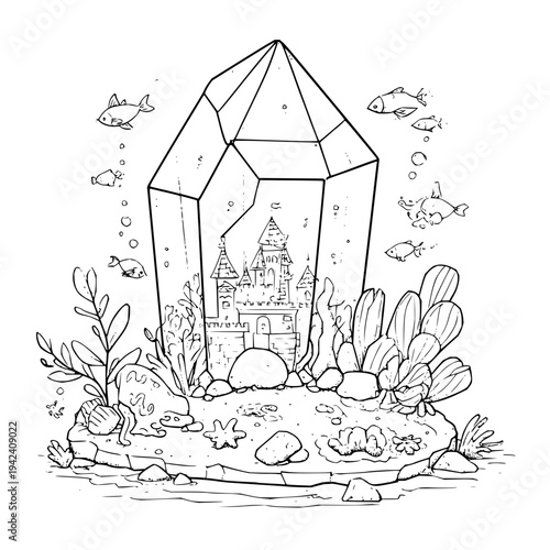 Underwater Castle Inside Crystal, Surrounded by Fish and Seaweed