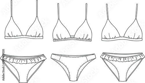 Bikini top and bottom set, swimwear fashion design, ruffle detail, CAD drawing flat vector illustration, garment template, summer clothing