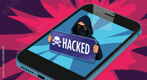 Cyber security threat concept showing a hacker in a hoodie holding a hacked sign on a smartphone screen with a purple splash background.