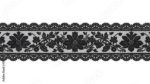 Elegant black lace border with intricate floral patterns on a white background, perfect for design elements.