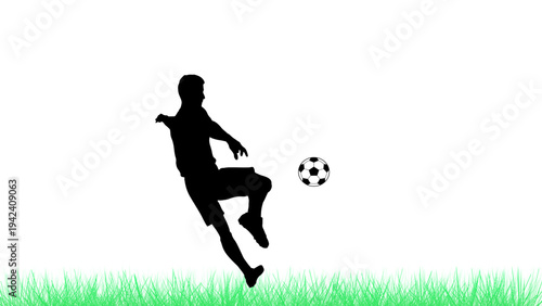 Silhouette of a professional soccer player juggling a ball over green grass isolated on white background.