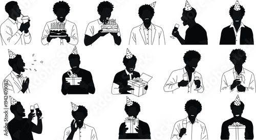 Birthday celebration man silhouette set, holding cake gift blowing candles drinking party, black vector illustration, festive event artwork for holiday, happiness design collection