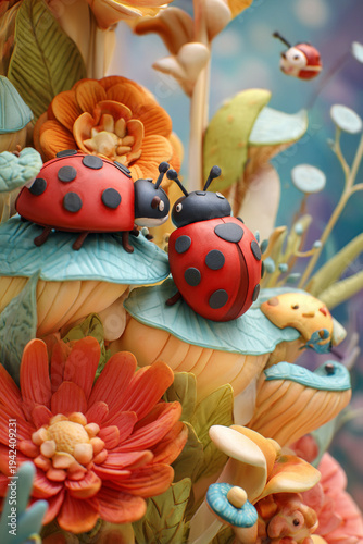 The cartoon ladybugs evoke a feeling of happiness, and the floral atmosphere is refreshing.